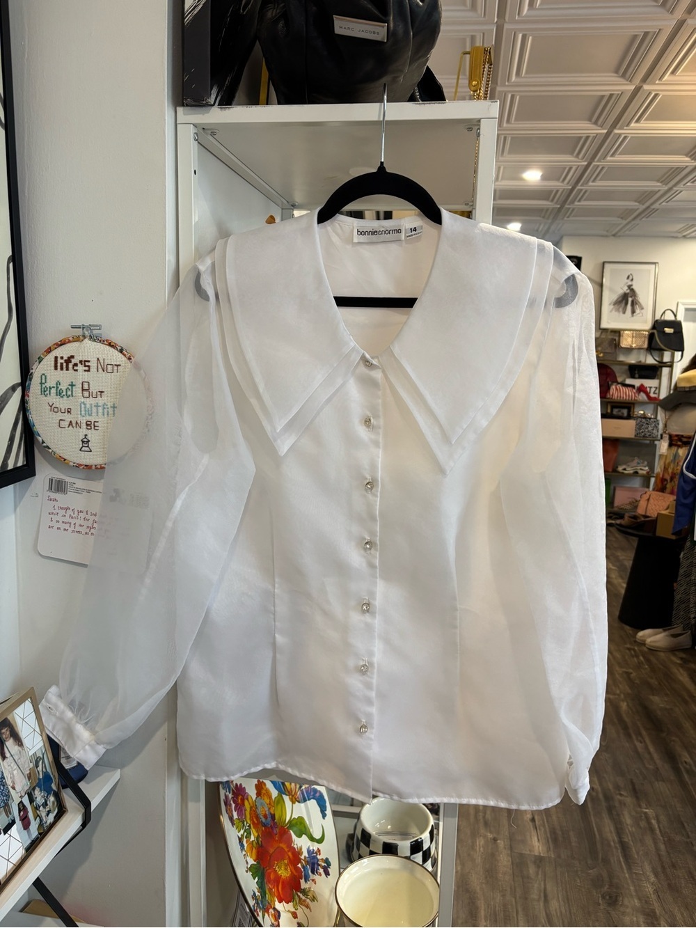 Bonnie & Norma vintage White Sheer Pointed-Collar Button Blouse